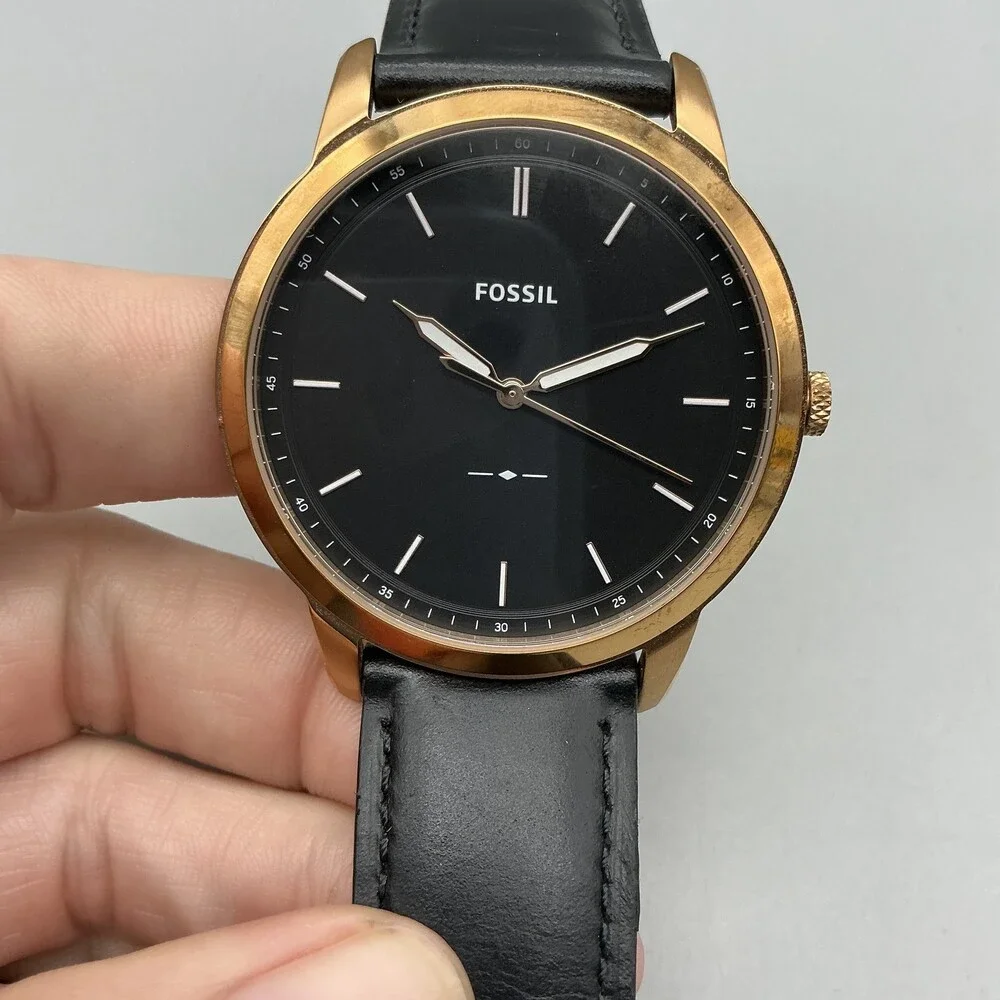 Fossil Mens Watch 44mm Black Rose Gold Tone Black Leather FS5376 New Battery - Picture 8 of 14